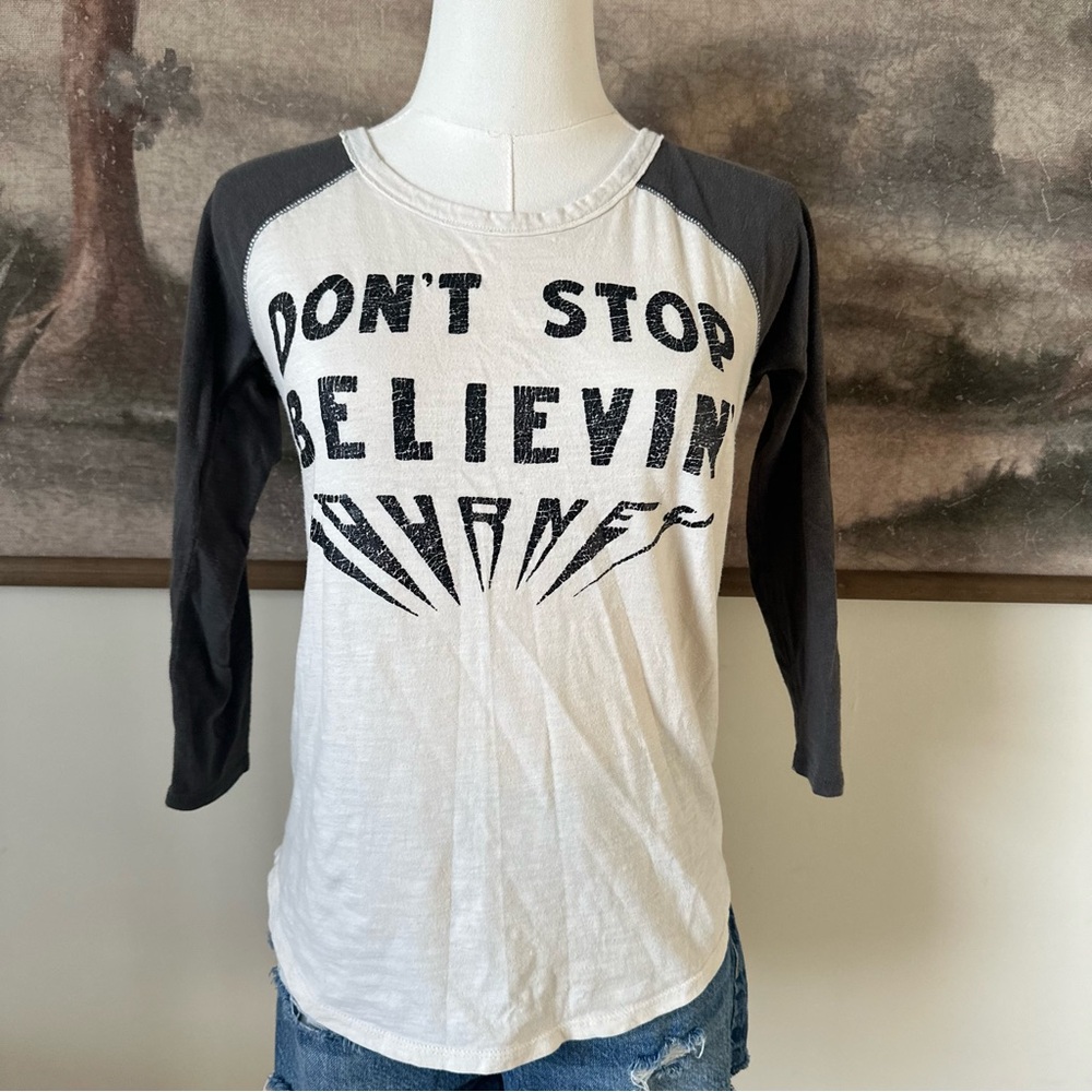 Lucky Brand White and Black Raglan "Don't Stop Believin'" Tee